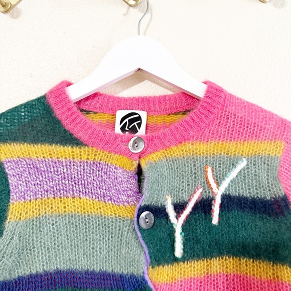 Yanyan Knits Alpaca Stripe Logo Multicolored Button Cardigan Sweater size small - Picture 10 of 15